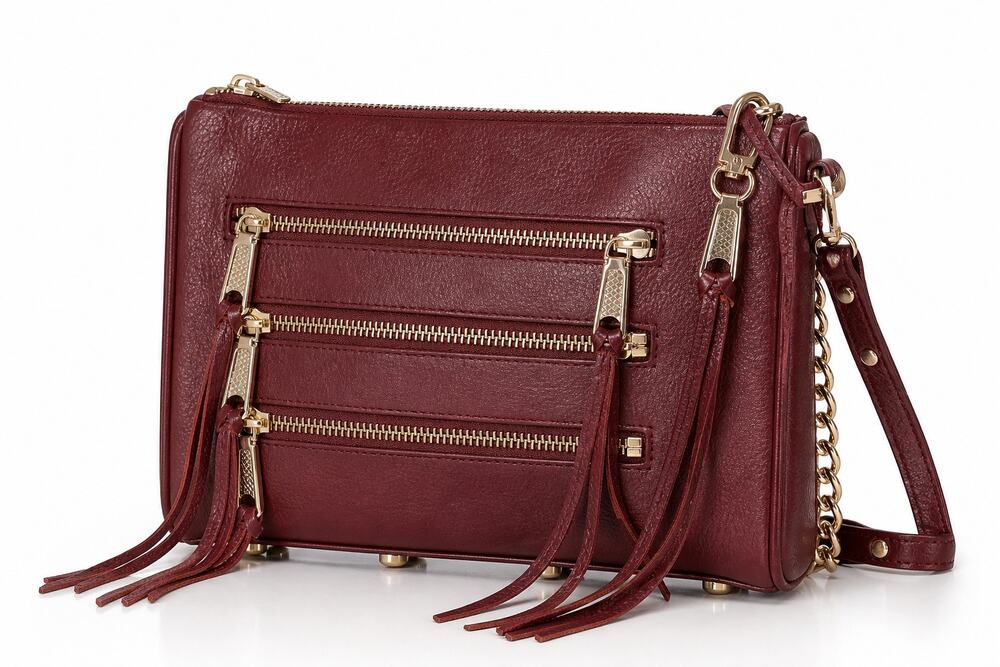 Rebecca Minkoff Mini 5 Zip Crossbody Bag Burgundy Leather Gold Chain
